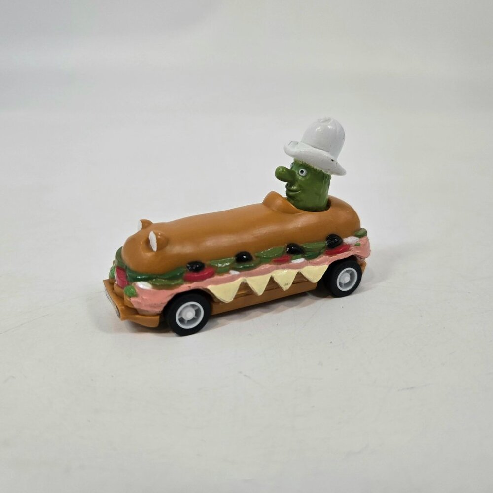 Vintage Subway Petey Pickle in Submobile Pull Back Car Fast Food Toy 1991 3"
